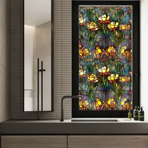 Film pour vitre en verre teinté style Tiffany autocollant floral décoratif pour maison.