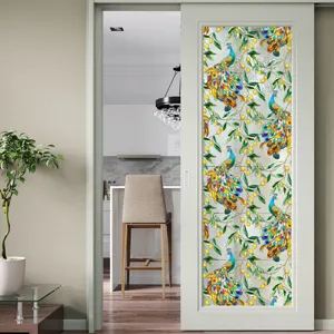 Film pour vitre en verre teinte motif paon et fleurs adherence electrostatique porte