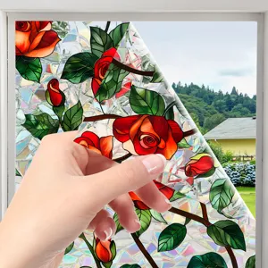 Decorative stained glass rose window film static cling privacy glass sticker detail view.