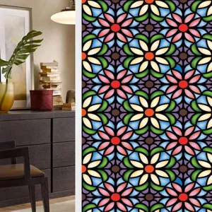 Static cling stained glass window film, colorful floral privacy glass sticker for home decor.