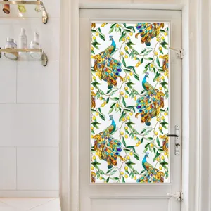 Film pour vitre statique decoratif avec motif de paon et branche d'olivier pour la maison.
