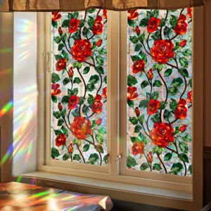 Static cling window film with stained glass red rose pattern for home decor privacy.