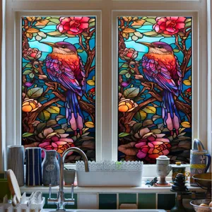 Film pour fenêtre vitrail fleurs oiseaux autocollant décoratif statique amovible