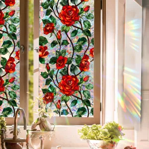 Static cling window film stained glass rose pattern decorative privacy glass sticker for home