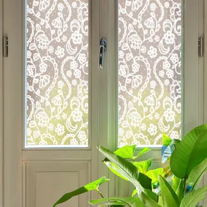 Decorative lace window film for home privacy, static cling glass sticker close-up view.