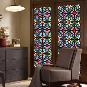 Retro floral stained glass window film, decorative static cling privacy sticker for home decor.