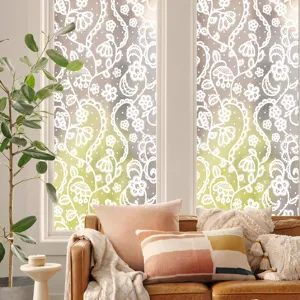 Static window glass sticker with elegant white lace floral design for home decoration scene.