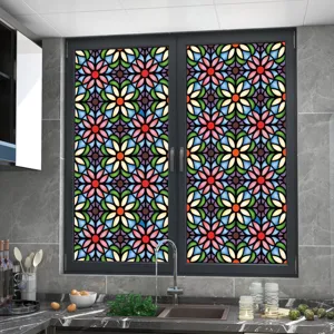 Colorful vintage stained glass window film, static cling decorative privacy sticker.