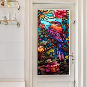 Film décoratif pour fenêtre en vitrail adhésif statique oiseau floral autocollant