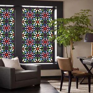 Colorful retro stained glass window film, static cling privacy PVC decorative sticker for home.