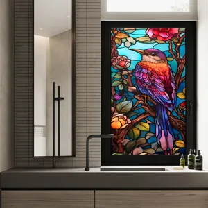 Film pour fenêtre décoratif avec motif d'oiseau et de fleurs en vitrail pour l'intimité.