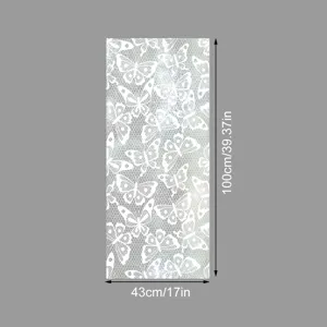 Close-up display of white lace butterfly window glass sticker showing exact dimensions.