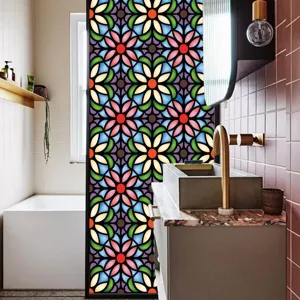 Colorful vintage floral static window film, non-adhesive privacy glass sticker for home bath.