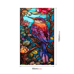 Film pour fenêtre en vitrail coloré avec motif d'oiseau et fleurs, autocollant statique.