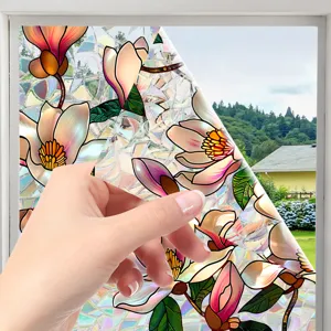 Decorative stained glass window film, static cling floral privacy window sticker for home.