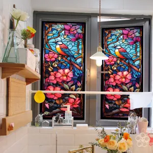Film adhésif pour vitre en verre teinté style rétro avec oiseaux et fleurs pour déco.