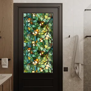 Film pour vitre en verre teinté style Tiffany, autocollant décoratif floral vert pour maison.