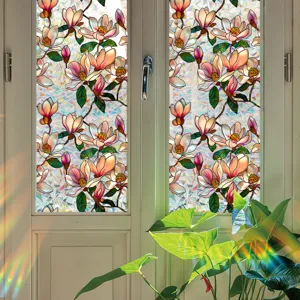 Decorative window film detail showing vibrant floral stained glass design applied on home glass.