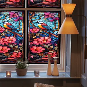 Film pour vitrage en verre teinté avec motif d'oiseau et de fleurs, adhésif statique.