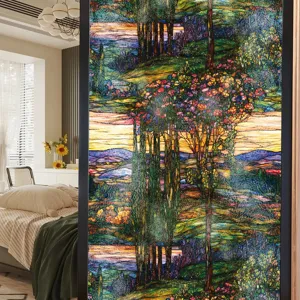 Film pour vitre de vitrail style Tiffany autocollant décoratif d'intimité paysage maison