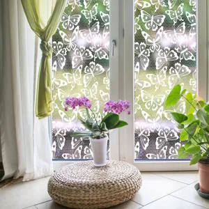 Static glass window film with white lace butterfly pattern, home decor sticker for window.