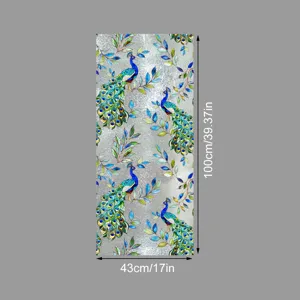 Film pour fenêtre statique décoratif avec motif de paon et fleurs en vitrail coloré.