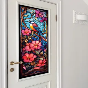 Film pour fenêtre en vitrail avec oiseau coloré et motif floral, décor adhésif statique amovible.