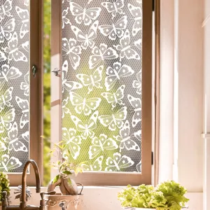 Butterfly lace window film detail shot, static cling glass sticker for home decor decoration.