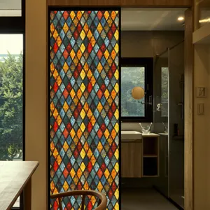 Gedetailleerd overzicht van retro geometrisch glasfilm raamsticker, decoratieve PVC.