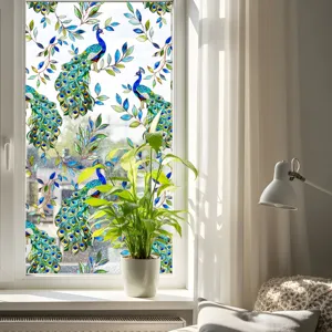 Film pour fenêtre en vitrail paon, autocollant statique décoratif pour la maison.