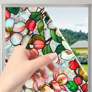 Close-up of floral static glass window film showing colorful flower patterns and peel design.