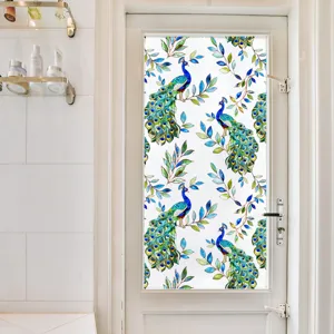 Film de verre de fenêtre statique décoratif avec motif de paon et de feuilles pour maison.