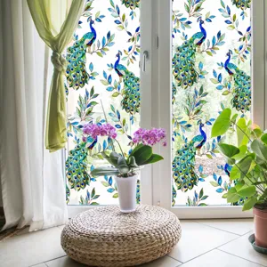 Film pour fenêtre paon décoratif autocollant verre statique maison, design floral coloré.