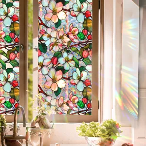 Colorful floral window privacy film, static cling glass sticker for home decor and anti-collision.