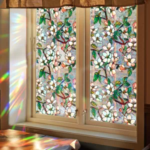 Decorative static window film with colorful floral stained glass design for home decor.