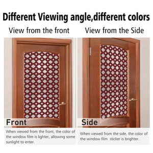 Geometrisch glas-in-lood raamfolie detail toont kleurveranderingen vanuit voor- en zijaanzicht.