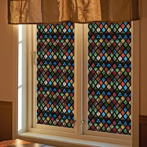 Raamfolie glas-in-lood effect, retro ruit patroon decoratieve statische glas sticker voor thuis.
