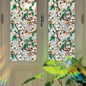 Decorative static window privacy film with colorful floral stained glass design for home.