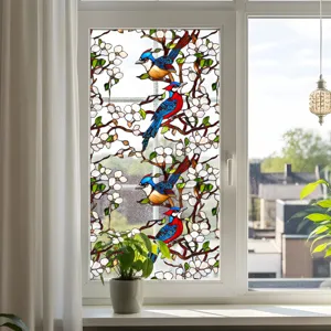 Film pour vitrage avec motif floral et oiseau, adhésif électrostatique pour décoration.