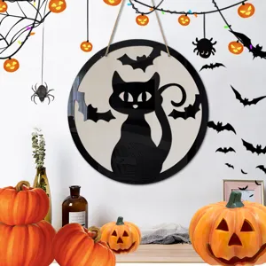 Halloween cartello appeso in legno gatto nero luna pipistrello decorazione murale festa