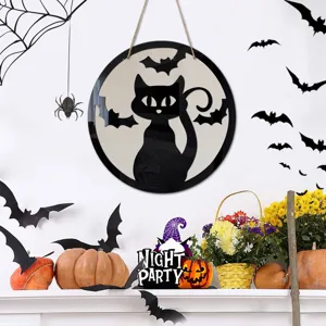 Cartello sospeso in legno di Halloween con gatto nero e pipistrello per decorazione murale.