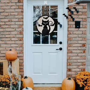 Cartello sospeso in legno di Halloween gatto nero pipistrello decorazione porta festa