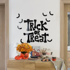 Halloween acrylic mirror wall sticker set with trick or treat letters and bats for home decor.