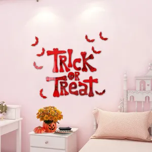 Halloween acrylic mirror wall sticker detail, TRICK OR TREAT letters and bats decor.
