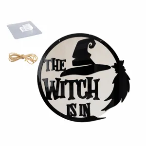 Cartello appeso in legno di Halloween, decorazione porta strega con gancio e corda.