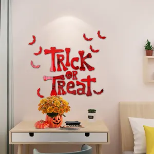 Halloween red acrylic mirror wall sticker set with letters and bats for festive home decor.