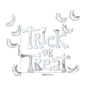 Halloween acrylic mirror wall sticker set with Trick or Treat letters and bats, 40x37.6cm home decor.