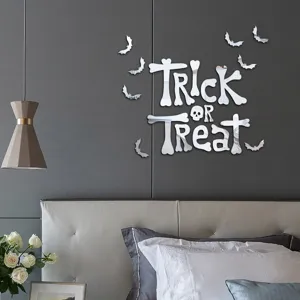 Halloween acrylic mirror wall stickers, trick or treat lettering and bat decor for home.