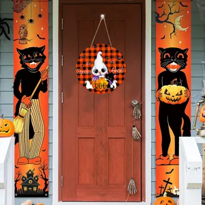 Halloween Holz Hängeschild Türbanner Set mit Geist und Katzen Design für Festtagsdeko.