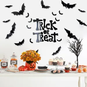 Halloween 3D acrylic mirror wall sticker set with trick or treat lettering and black bats.